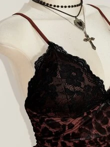 SHEIN ICON 女款大尺碼蕾絲拼接豹紋細肩帶背心上衣 - 摩卡棕 - 查看 10