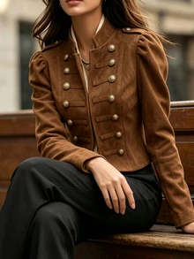 SHEIN Women's High-Quality Vintage Court Style Stand Collar Double-Breasted Gold Button Velvet Short Jacket With Puff Sleeves And Metal Decorative Buttons, Suitable For Commuting, Outings, Dates And Light Business Occasions - Brown - View 6