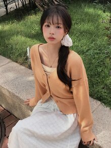 DAZY Women's Solid Color Loose Long Sleeve V-Neck Casual Vacation Korean Style Autumn/Winter Knit Cardigan - Coral Pink - View 7