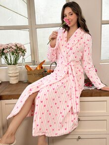 Snug Reverie Romantic Fresh Women's Plush Pink Striped Heart Print Long Robe, Autumn/Winter - Multicolor - View 1