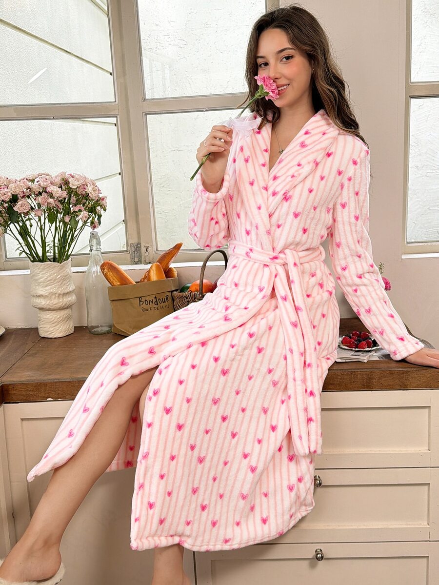 Snug Reverie Romantic Fresh Women's Plush Pink Striped Heart Print Long Robe, Autumn/Winter - Multicolor - View 1