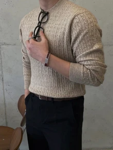 DAZY Autumn/Winter Khaki Cable Knit Fitted Crew Neck Ribbed Cuff & Hem Korean Style Men's Sweater - Khaki - View 5