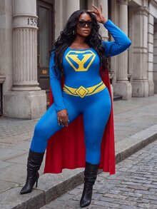 Slaydiva Plus Size Superhero Costume, Blue Long Sleeve Stretch Jumpsuit With Red Cape Cosplay Outfit Fall - Blue - View 8