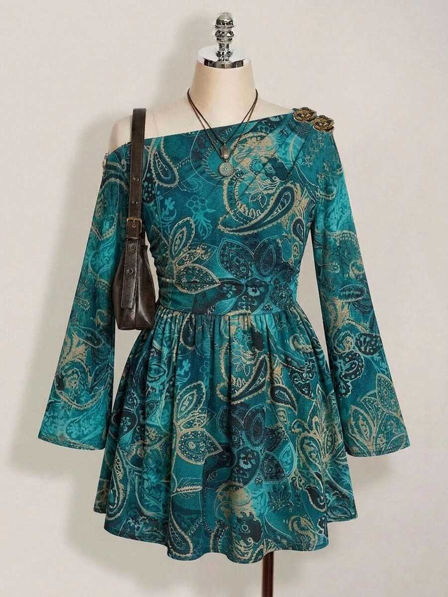 SHEIN ICON 大尺碼 Y2K 佩斯利花紋長袖洋裝,復古休閒修身款,適合春秋穿著 - 彩色 - 查看 1