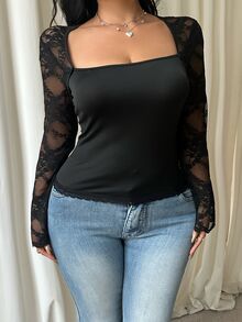 GalTyme Plus Size Women's Solid Color Square Neck Lace Patchwork Waist ...