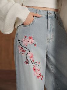 Anewsta Women's New Fashion Luxurious Heavy Embroidery Blue Jeans Straight Leg Pants - Blue - View 5