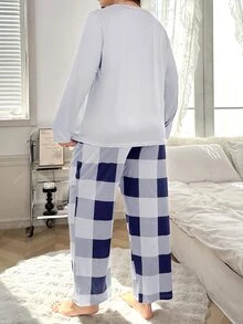 Lazeform Plaid Print Round Neck Long Sleeve Long Pants Plus Size Pajama Set - Navy Blue - View 2