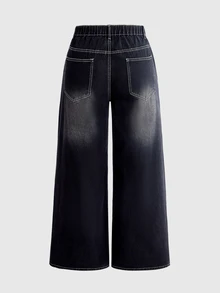 ROMWE Grunge Punk Gothic Punk Plus Size Women's Wide Leg Denim Jeans, Virgin Mary Cross Print Black & Grey Washed Design, Punk Music Festival Streetwear Long Pants - Black - View 2