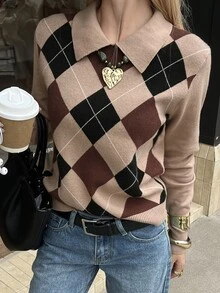 Livesso Fall/ Dark Brown Round Neck Long Sleeve Cable Knit Slim Fit Ribbed Knit Casual Vintage Preppy Women's Sweater Everyday School Work - Apricot - View 3