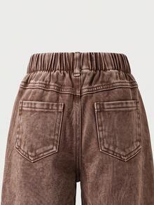 SHEIN Genkimix Kids 女童牛仔寬腿牛仔褲 全季新款 可愛趣味復古牛仔女郎風 嬰兒藍 鬆緊腰帶設計 多色愛心刺繡 秋季 - 棕色 - 查看 7