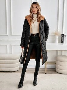 SHEIN Clasi Women Zip Up Hooded Teddy Lined Quilted Coat In Fall/Winter - Black - View 4