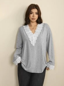 Edennvi Plus Size V-Neck, Lace Trim Collar And Cuffs, Fitted Loose Blouse - Grey - View 6