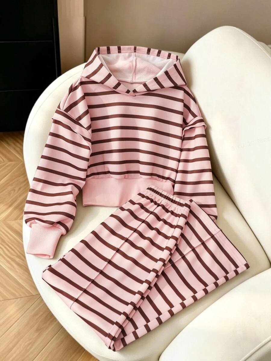SHEIN 青少年女孩抓絨內裡條紋連帽衛衣與運動長褲2件套:保暖冬季休閒連帽運動服 - 粉色 - 查看 1