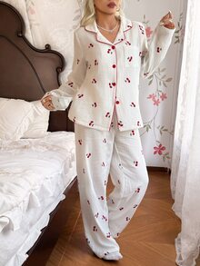 CottageSlumber Women's 100% Cotton Embroidered Cherry Print Open Front White Pajama Set - White - View 12