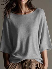 Omancia Women's Elegant Commute One-Shoulder Boat Neck Loose Batwing Knit Top - Light Grey - View 4