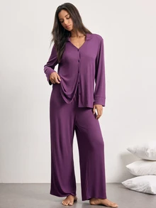 Ocili Women's Button Long Sleeve Top And Comfortable Pants Loungewear Set - 紫丁香色 - 查看 2