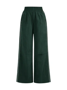 SHEIN Cheerettes 女款拼色拼接彈性腰時尚運動長褲 - 墨綠色 - 查看 5