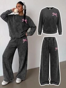 SHEIN 青少年女孩休閒圓領長袖蝴蝶結印花上衣與蝴蝶結印花牛仔長褲套裝 - 黑色 - 查看 2