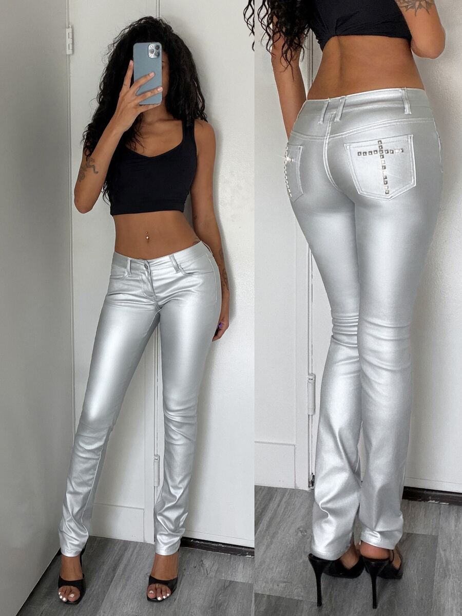 Jeanoix 1pc Slant Pocket PU Leather Pants - Silver - View 1