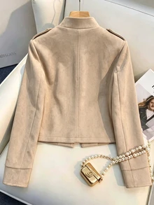 SHEIN Franclia Jaket Pendek Wanita Musim Gugur Musim Dingin Bahan Suede Imitasi Gaya Militer, Kerah Tegak, Kancing Emas Double Breasted, Epaulet Bahu, Mantel Pendek Depan Terbuka Gaya Vintage - Aprikot - View 2