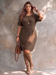 Ceyna Plus Size Women's Fashion Textured Stand Collar Short Sleeve Brown Knit Dress Casual Versatile Commute Autumn/Winter - Brown - View 3