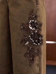 Anewsta Celana Jeans Lurus dengan Bordir Renda Manik-Manik - Coffee Brown - View 2