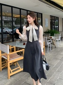 DAZY Women's Plaid Long Sleeve Contrast Color Korean Style Girly Aesthetic Midi Dress - Black - View 3