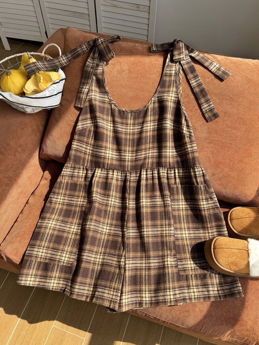 Comfortcana Plus Size Autumn Outerwear Brushed Khaki Vintage Plaid Overalls - Brown - View 1