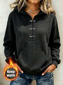 Linhara CURVE Plus Size Women's Casual Loose Hooded Sweatshirt With Lobster Clasp, Autumn/Winter Design Street Style - Dark Grey - View 1