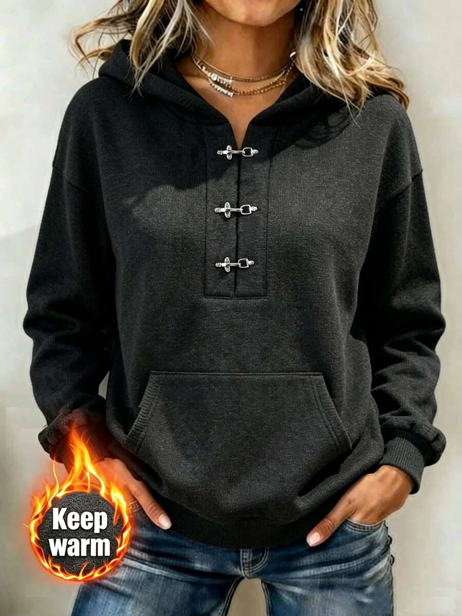 Linhara CURVE Plus Size Women's Casual Loose Hooded Sweatshirt With Lobster Clasp, Autumn/Winter Design Street Style - Dark Grey - View 1