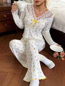 CottageSlumber Women's Colorblock Lace Patchwork Cherry Print Long Sleeve Pajama Set With Long Pants - White - View 6