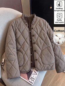 SHEIN Clasi Women's Plaid Casual Versatile Winter Padded Coat - Mocha Brown - View 1