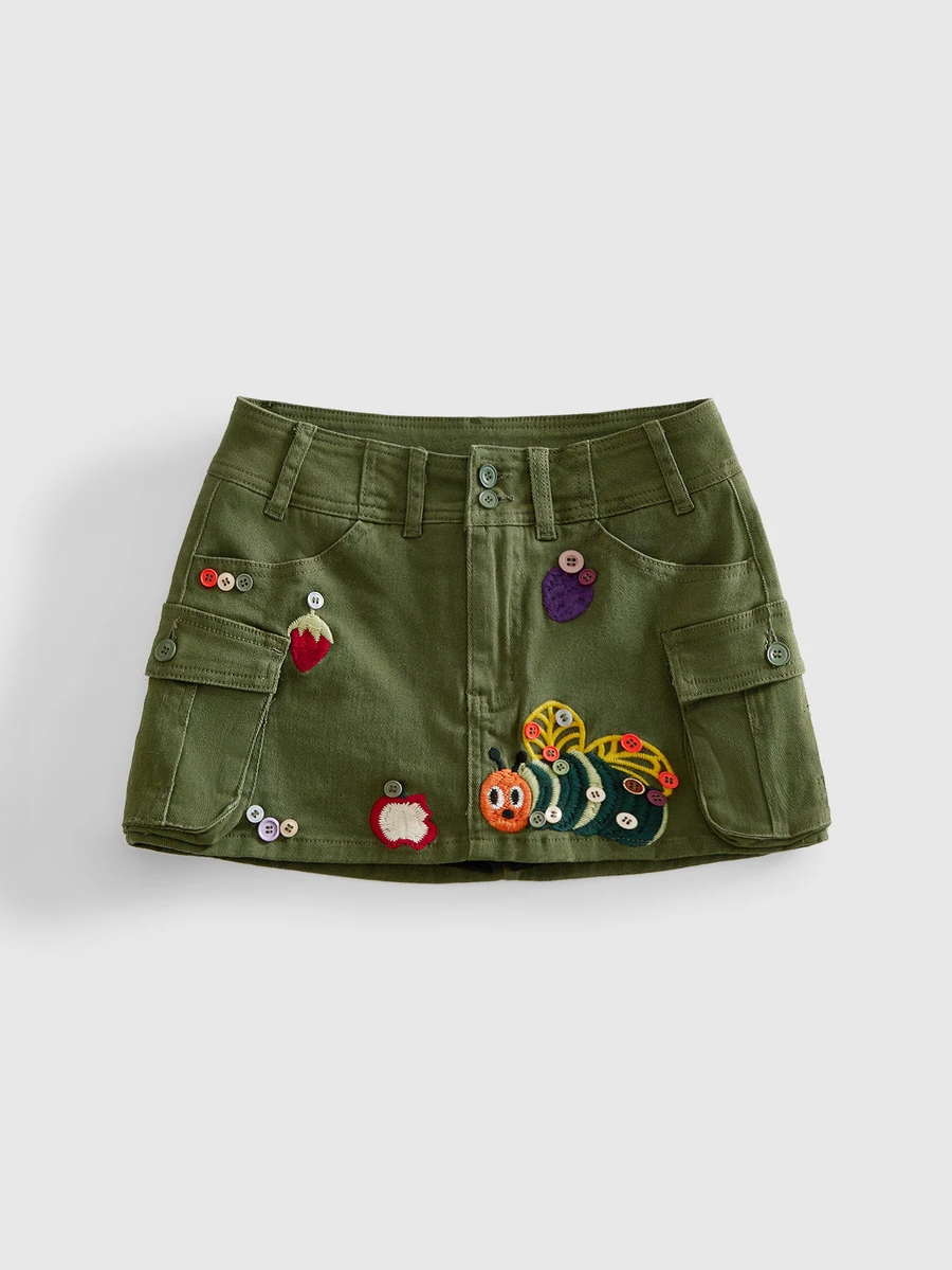 ROMWE Y2K Kawaii Caterpillar Embroidered Low Waist Mini Denim Skirt For Women - Army Green - View 1