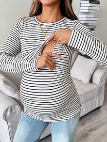 SHEIN 孕婦條紋圓領長袖休閒哺乳上衣 - 白色 - 查看 1