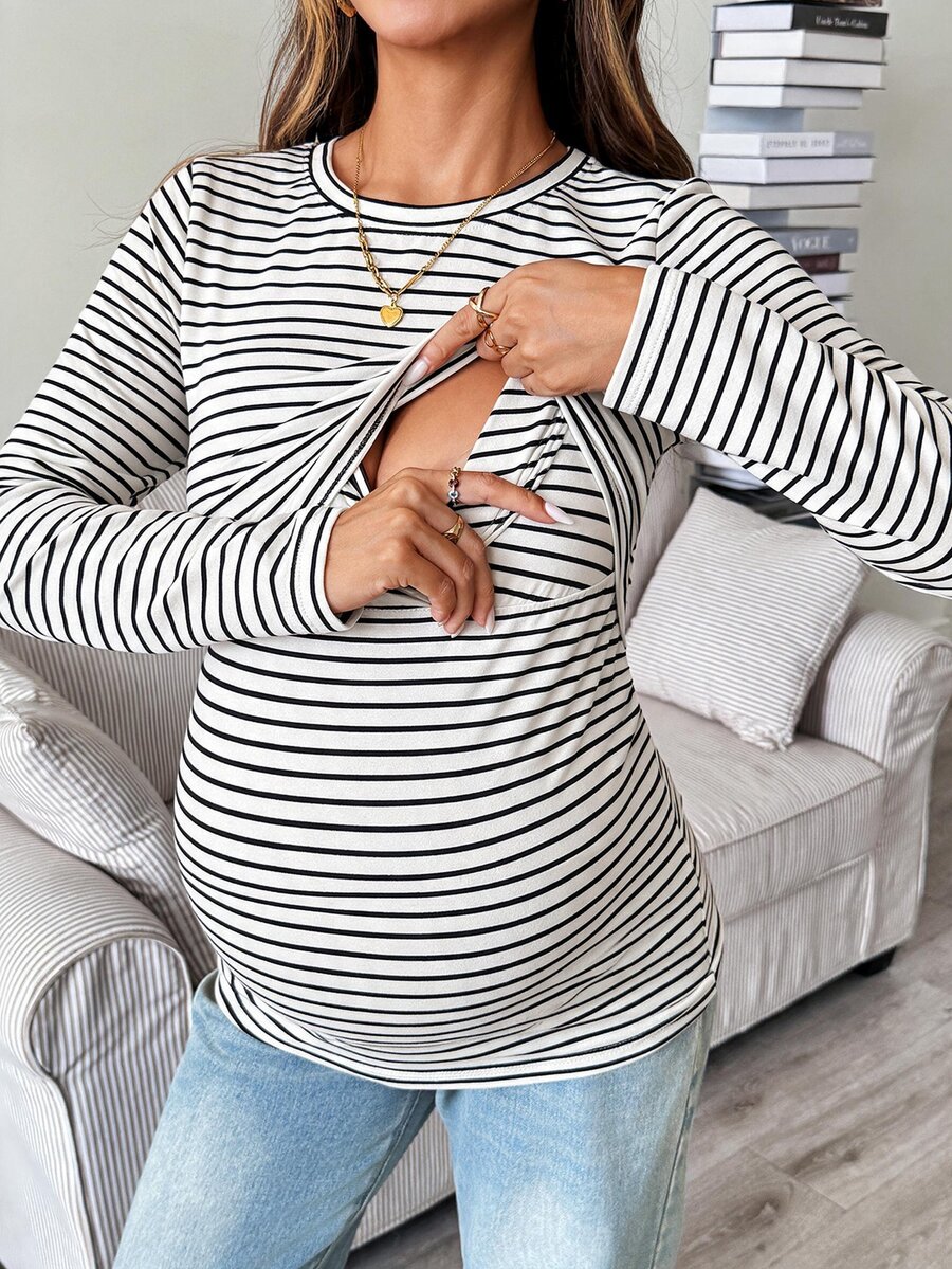SHEIN 孕婦條紋圓領長袖休閒哺乳上衣 - 白色 - 查看 1