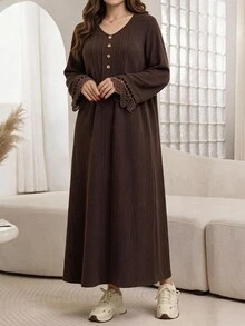 Al Najma Plus Size Women's Button Pleated Arabian Dress - Coffee Brown - View 3