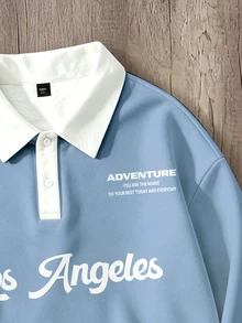 Manfinity Joysei Sweatshirt Polo Pria dengan Motif Huruf, Pullover Gaya Jalanan Urban Renaissance, Streetwear Kasual Modis Kreatif yang Dipersonalisasi - Dusty Blue - View 4