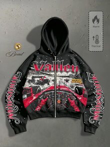 ROMWE MEN 2026秋冬新款時尚賽車圖案酷感男士衛衣連帽衫 厚款秋冬風 VALLEY 中性情侶款休閒街頭美式連帽衛衣外套 女款 - 黑色 - 查看 7