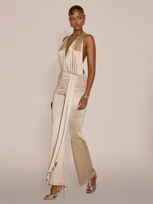 MUSERA Slinky Metallic Golden V Plunge Bust Ruched Waist Fitted Flare Jumpsuit Sexy Evening Night Going Out Fall Winter Autumn Solitude - Khaki - View 2