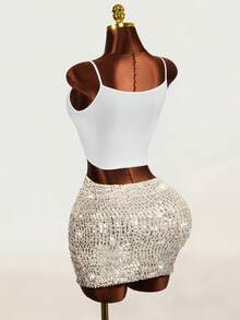 Mistrie Women's High Waist Sequin Skirt - Apricot - View 4
