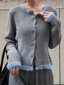 FRIFUL Women's Autumn Contrast Color Slimming Cardigan - Grey - View 8