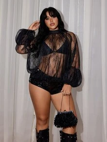 Rustia Plus Size Casual Shirt Comfortable Loose Fit Mock Neck Lace Blouse Sexy Early Autumn - Black - View 3