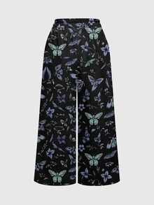 ROMWE Women's Dark Hippie Butterfly Print Wide Leg Pants - Black - View 2