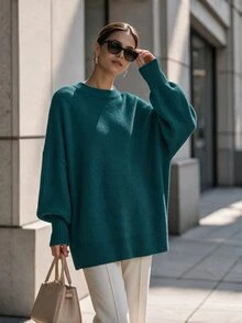 SHEIN Women's Round Neck Long Sleeve Loose Solid Color Versatile Minimalist Sweater - Blue - View 3