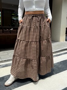 Muchica 大尺碼女款棕色格紋百褶裙，適合休閒日常穿著、度假穿搭、Y2K風格、返校造型及演唱會穿著，秋季款 - 棕色 - 查看 4