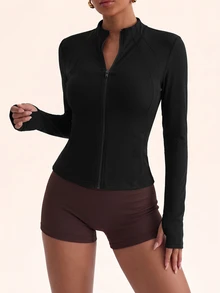 Sovereign Charm Women's Solid Color Stand Collar Zipper Waist-Cinching Slimming Daily Versatile Sports Jacket - Black - View 1