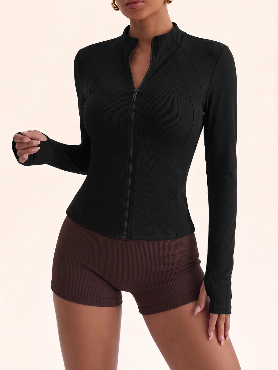Sovereign Charm Women's Solid Color Stand Collar Zipper Waist-Cinching Slimming Daily Versatile Sports Jacket - Black - View 1