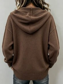 SHEIN Women's Spring, Summer, Autumn, And WinterHooded Long Sleeve Single-Breasted Solid Color Cardigan - Coffee Brown - View 3