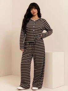 CovetEZ Autumn/Winter New Casual Striped Camisole Cardigan And Drawstring Long Pants Daily Home Wear Plus Size 2 Pieces Set - Multicolor - View 4