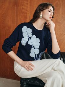 Anewsta Women's Knitted Pullover Jacquard Floral Embroidered Beaded Sweater Top - Navy Blue - View 4